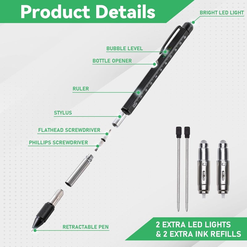 DETDLIB 9-in-1 Multitool Pen with LED Light, Stylus, Level, Screwdriver, Cool Gadget Valentines Day Gifts for Him, Men, Husband, Dad, Father, Mechanic, Women, Birthday Gifts for Men, Black - Image 2